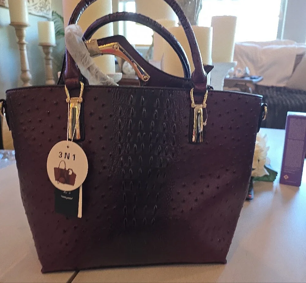 Croc-Embossed Structured Tote in Plum with Gold Hardware 3 Bags In 1